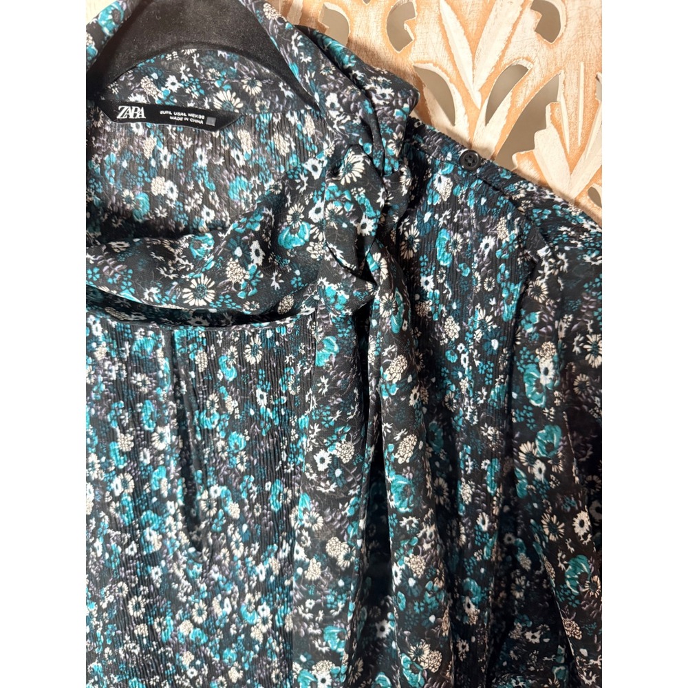 Zara Women Teal Black Floral Plisse Mini Dress Tie Neck Ruffle Long Sleeve Large - Picture 8 of 11